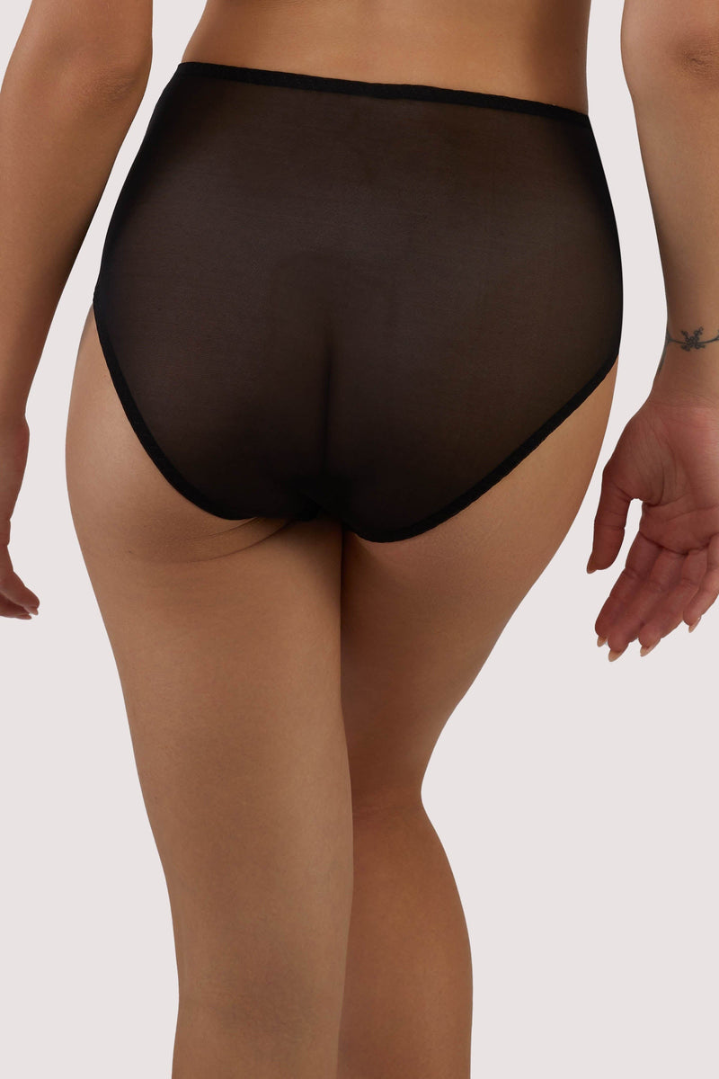 model shows black mesh high waist brief back