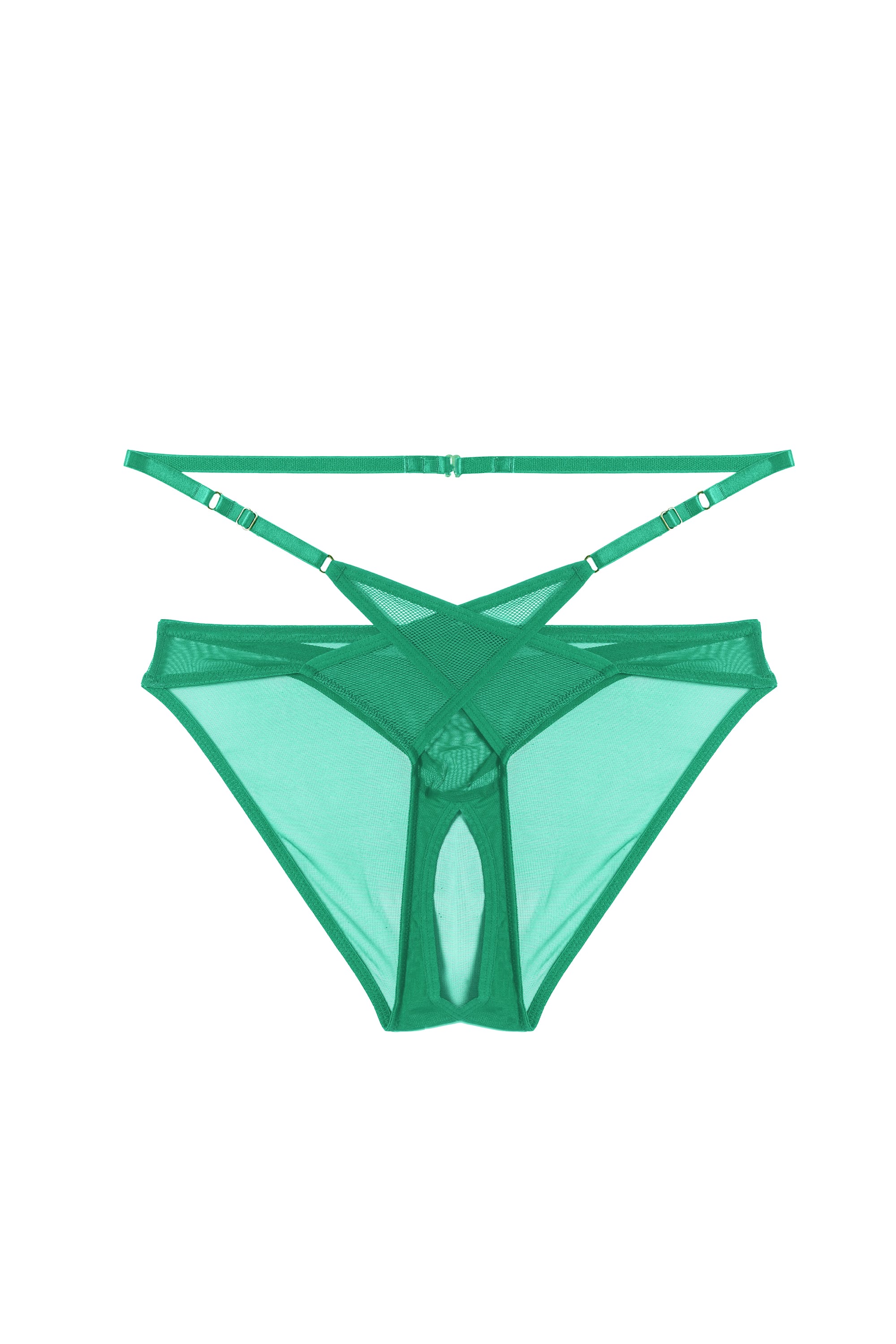 Model wears a eddie green crossover wrap crotchless brazilian brief.