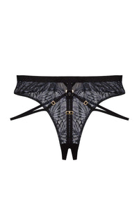 Black wet look lace open crotch thong with straps