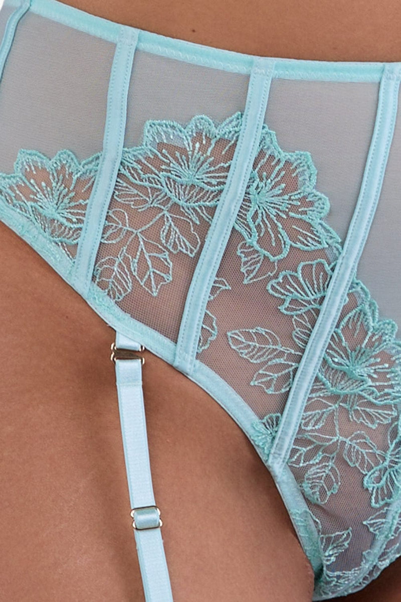 Close-up of Aqua Embroidery and Mesh High Waist Suspender Thong featuring sheer aqua mesh panels, delicate floral lace embroidery, and satin adjustable suspender strap detail.