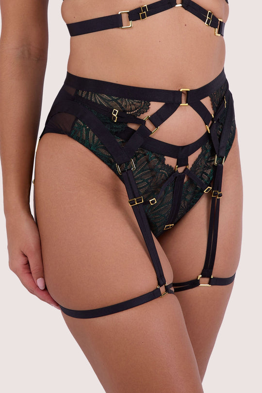 Tabitha Dark Green Wet-Look Lace Harness Suspender