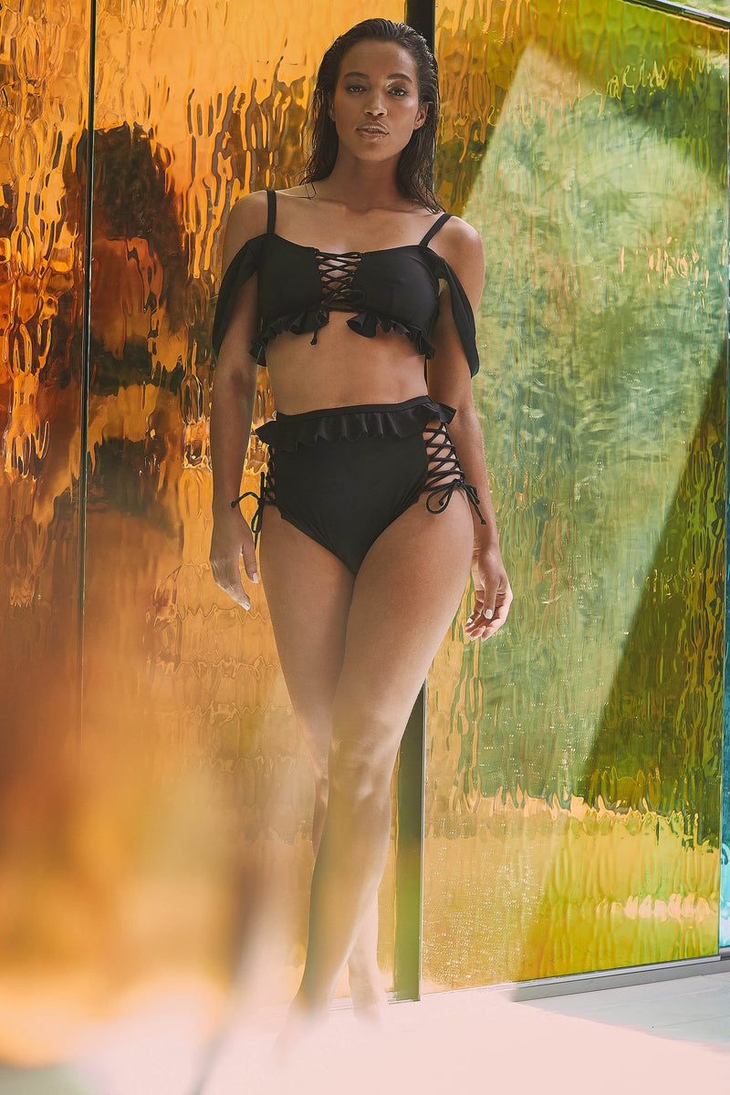 Wolf & Whistle Black Lace Up Bikini Bottom