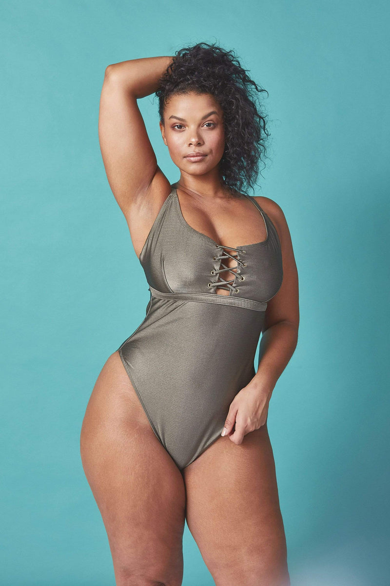 Wolf & Whistle Curve khaki lace up swimsuit
