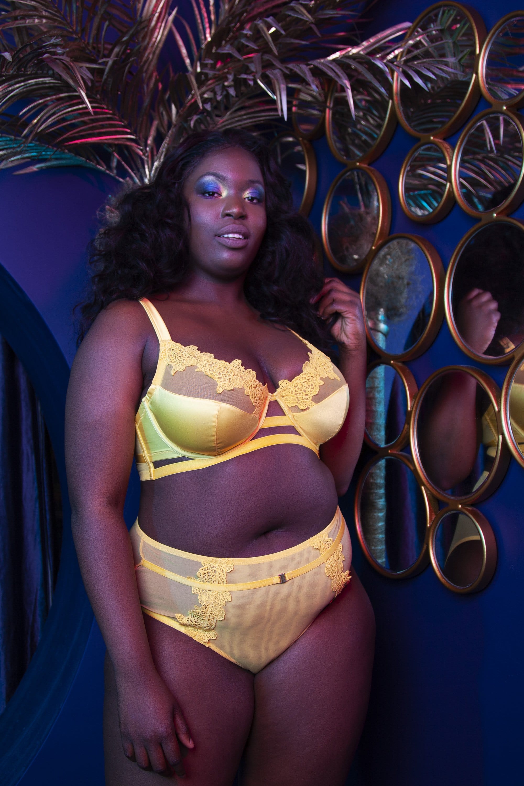 Vivienne Mustard Net Satin & Lace High Waist Curve Brief