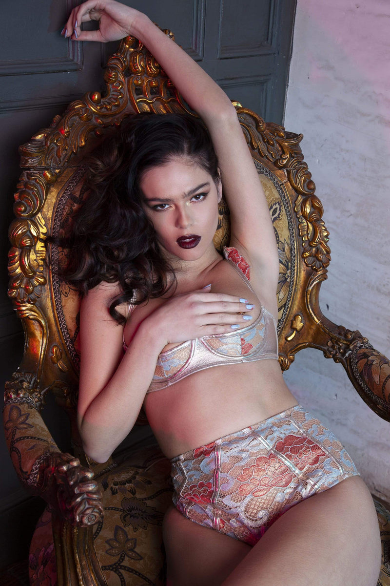 Peek & Beau Quinn Gold leatherette lace 1/4 Cup Bra A- E