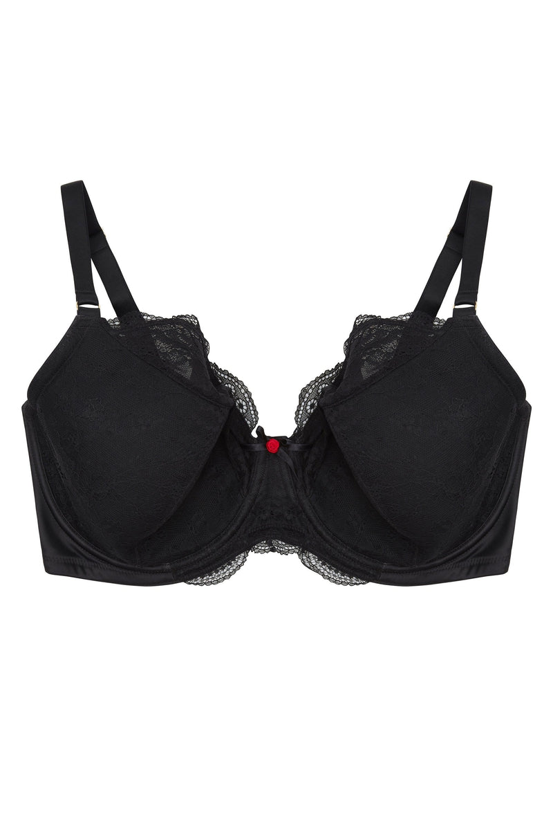 Fion Full Bust Black Satin and Lace Bra DD - H