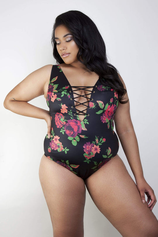 Floral lace up swimsuit curve