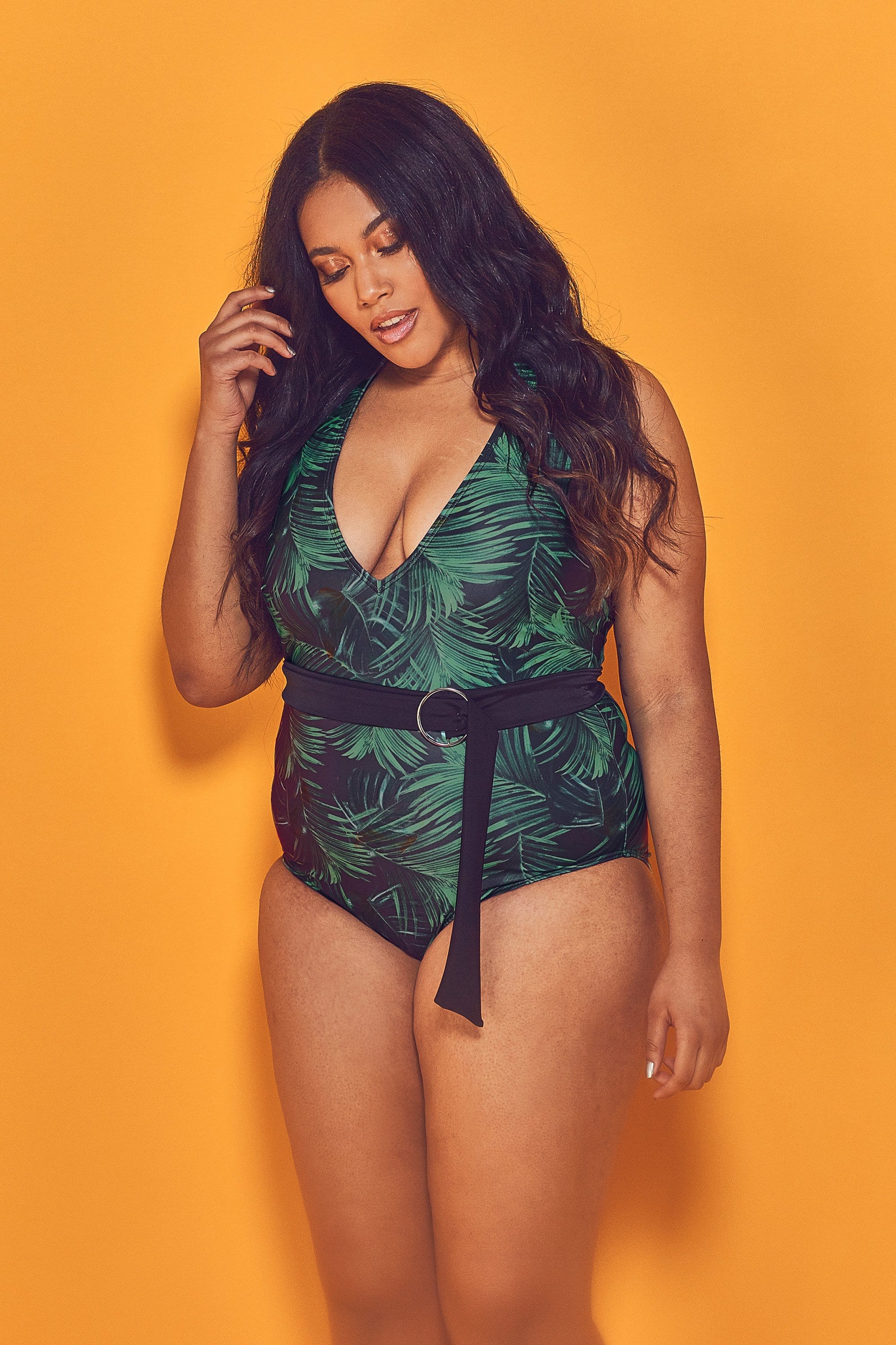 Wolf & Whistle Palm Plunge Belted Swimsuit Curve
