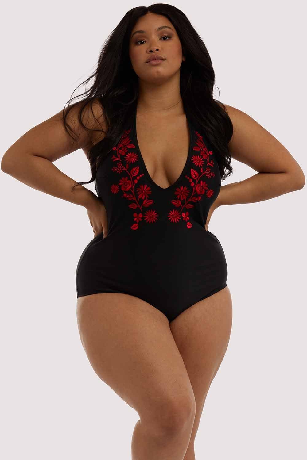 Wolf & Whistle Embroidered Plunge Swimsuit Curve