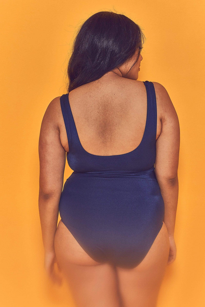 Wolf & Whistle Navy Belted Plunge Swimsuit Curve