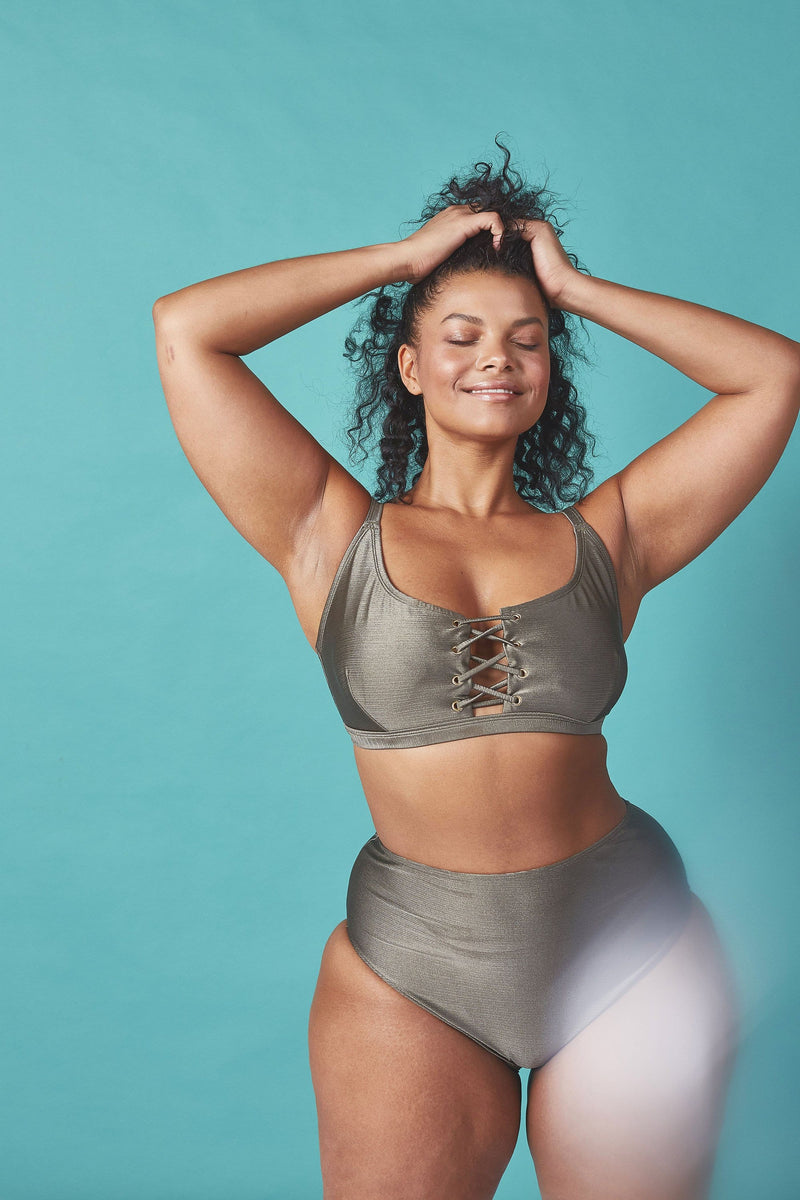 Wolf & Whistle Curve khaki lace up top