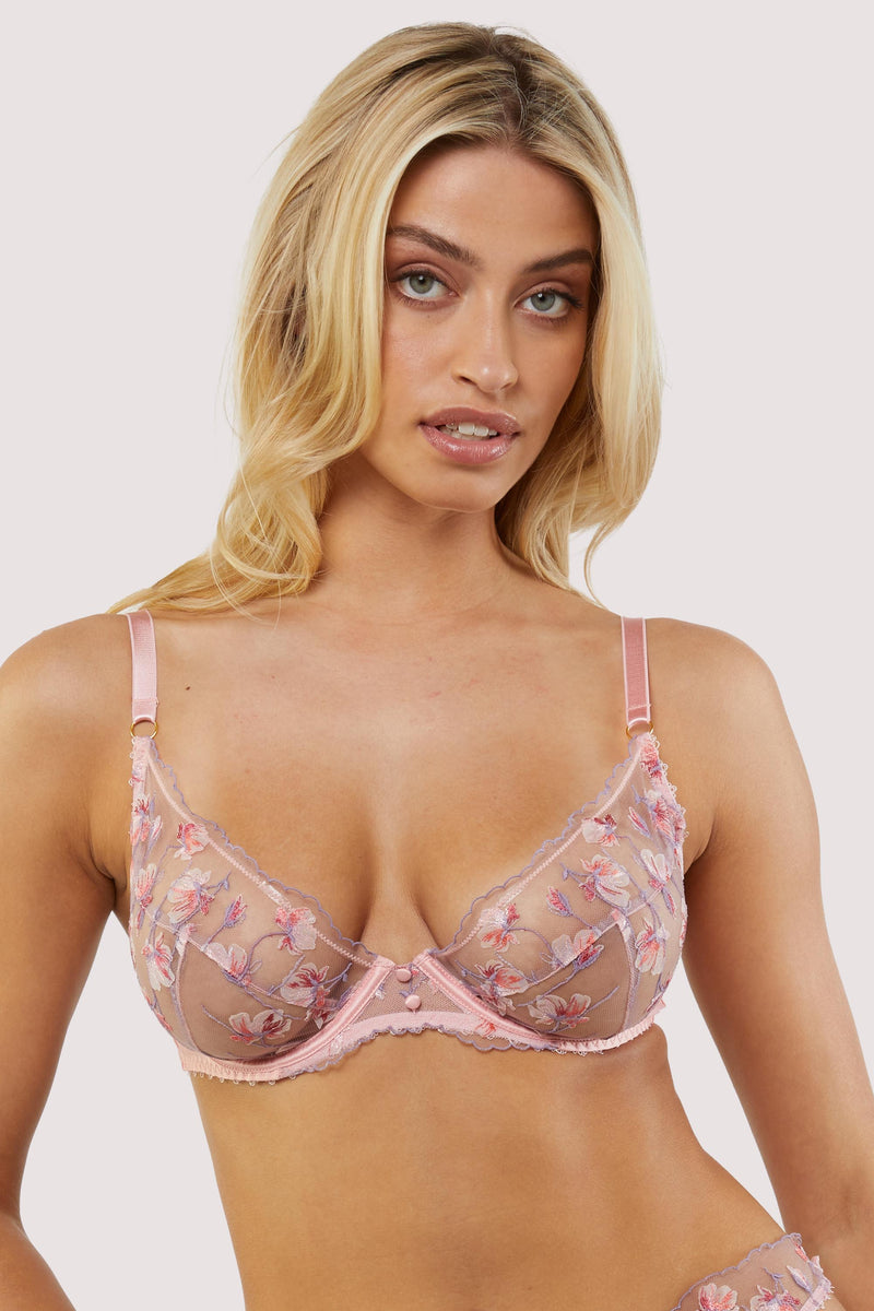 Nella Peach Floral Embroidery Button Bra