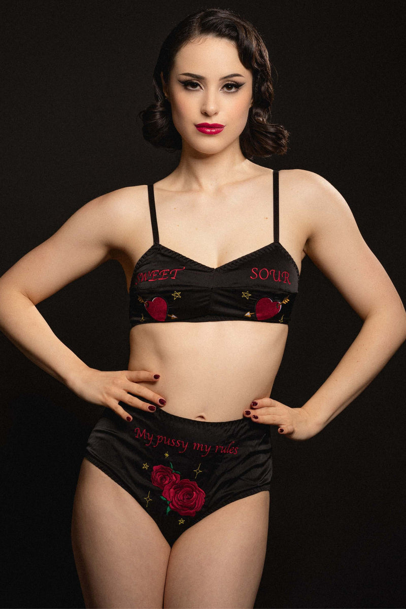 model wears black satin bralette and high-waisted briefs with retro embroidery