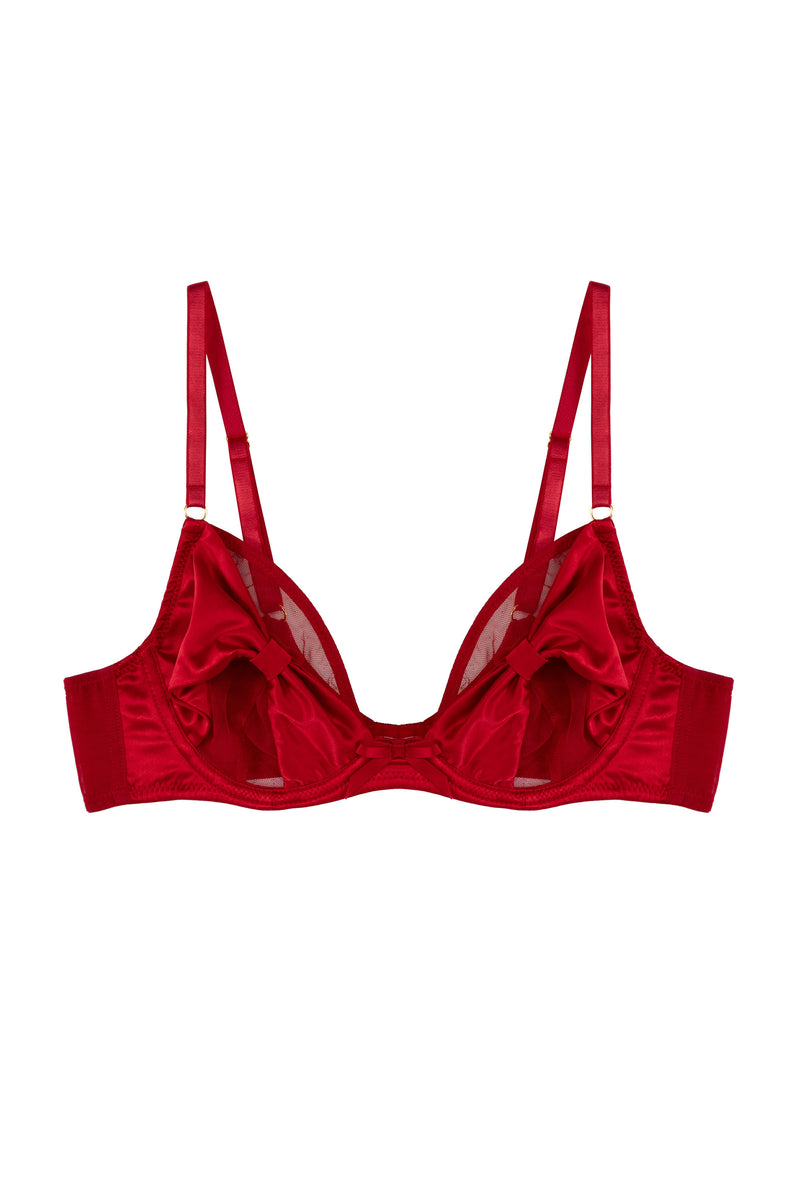 Red satin plunge bra with sexy bow details and sheer mesh cups