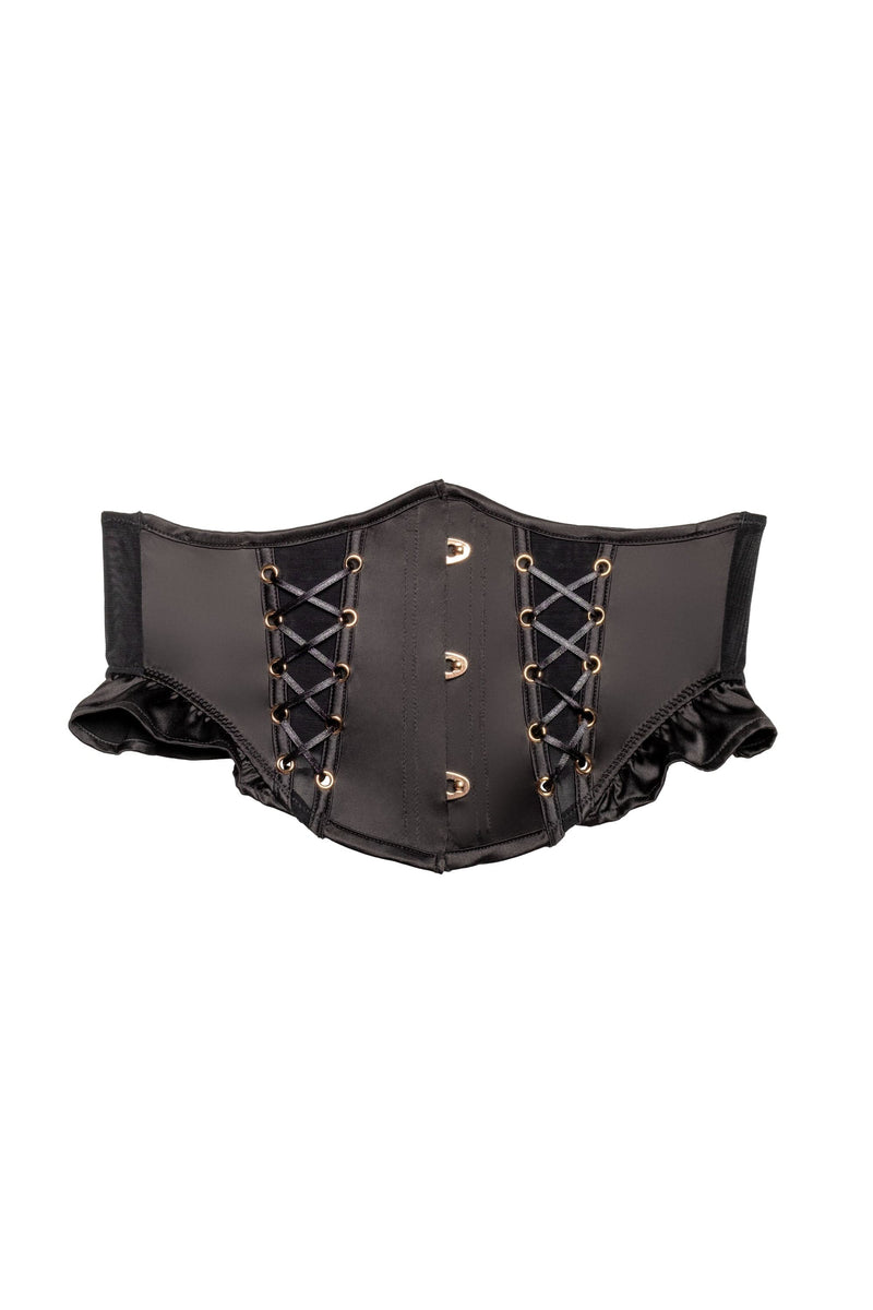 Boned black satin lace-up underbust corset with ruffle