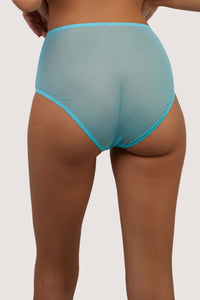 Model shows back of retro high waist brief in sky blue mesh