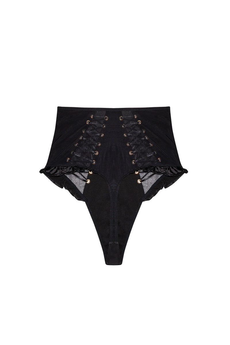 Black satin lace-up high waist mesh thong back