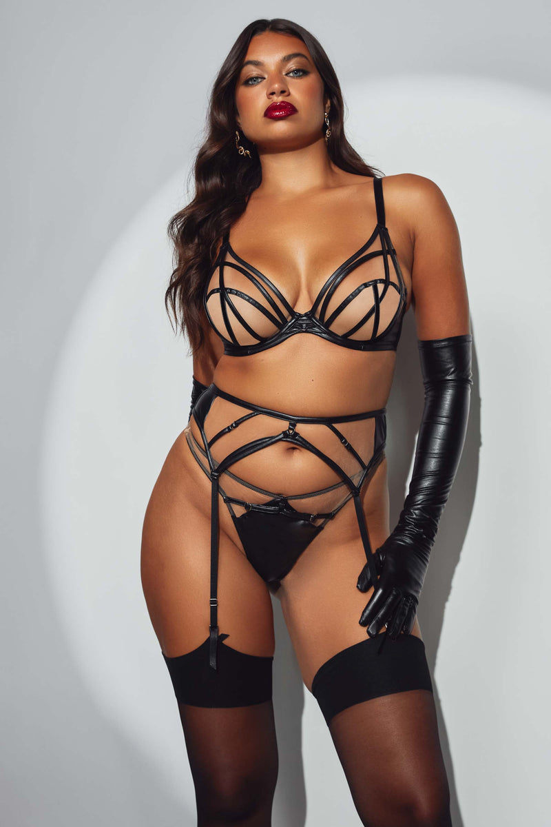 Ramona Black Leatherette Strap Detail Illusion Mesh High Waisted Thong