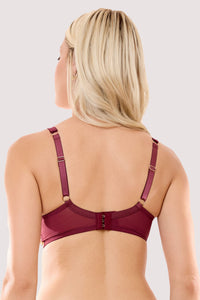 Model shows the back of a thea wine baroque embroidery bra with a balconette silhouette and gold hardware.
