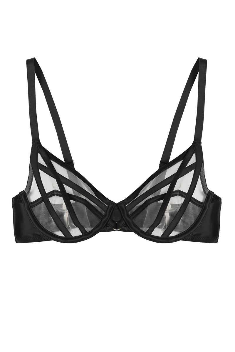 Ramona Black Strap Detail Illusion Mesh Plunge Bra