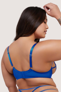 model shows cobalt blue mesh hook and eye fastening bra back