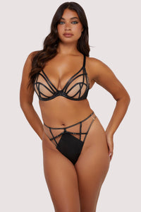 Ramona Black Leatherette Strap Detail Illusion Mesh Bra