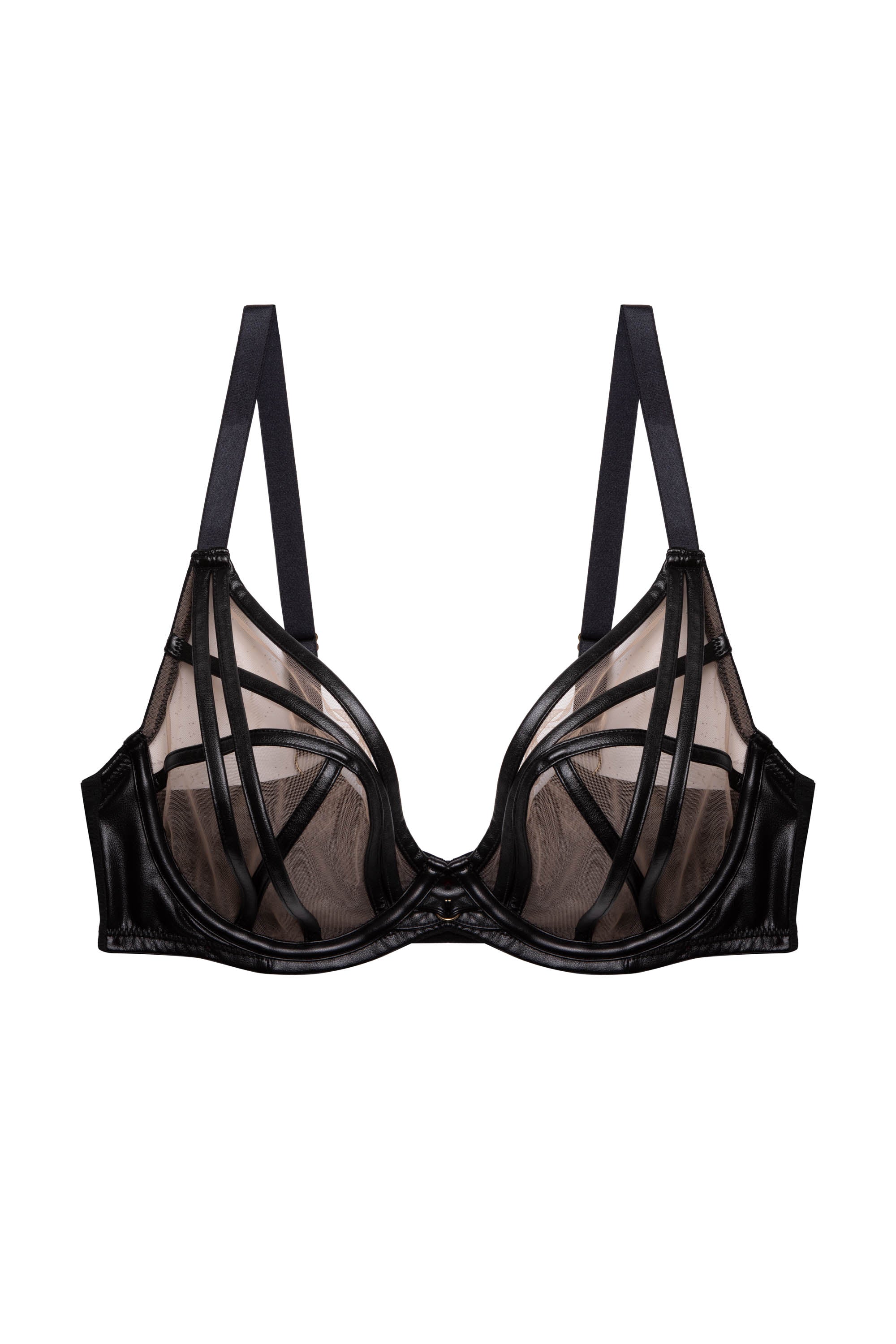 Ramona Black Leatherette Strap Detail Illusion Mesh Bra