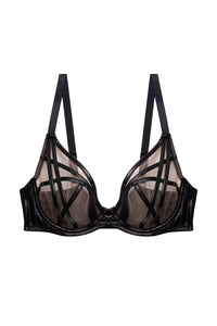 Ramona Black Leatherette Strap Detail Illusion Mesh Bra