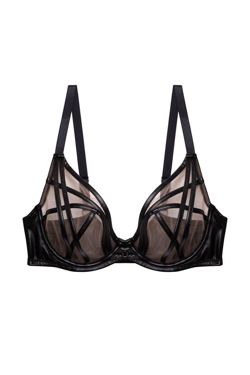 Ramona Black Leatherette Strap Detail Illusion Mesh Bra