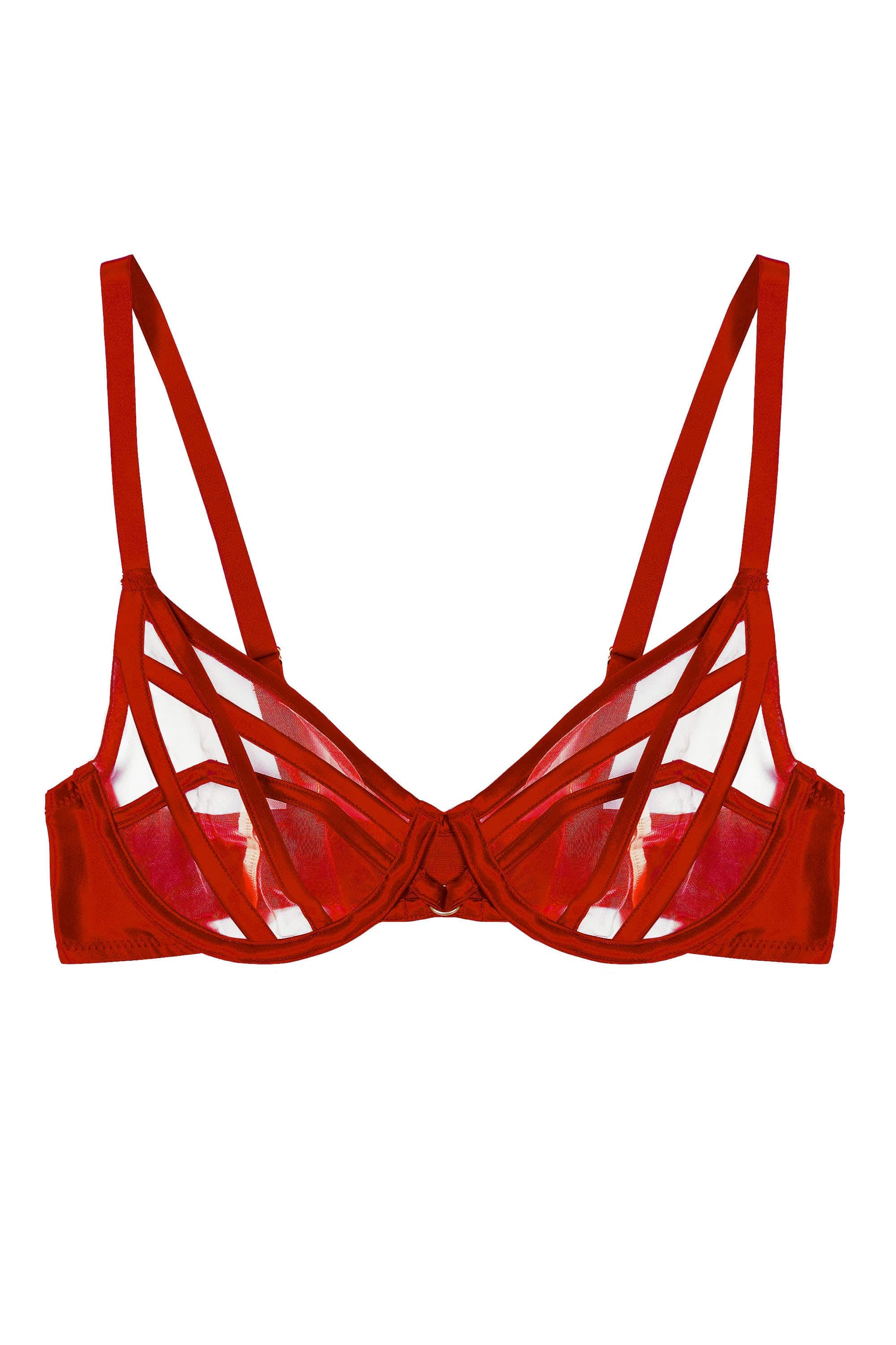 Ramona red Strap Detail Illusion Sheer Plunge Bra