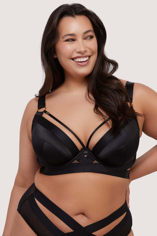 Etta Black Satin and Mesh Longline Padded Plunge Bra