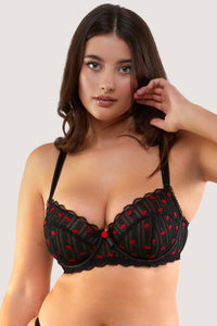 Elodie Black and Red Rosebud Embroidery Balconette Bra