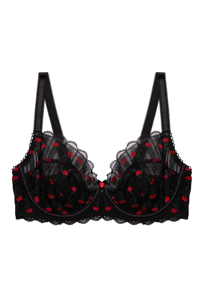 Elodie Black and Red Rosebud Embroidery Balconette Bra