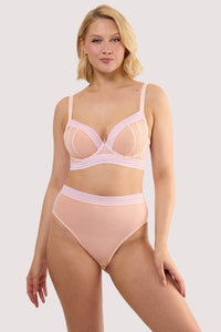 Model wears a icon blush pink microfiber moulded cup bra with light pink moulded microfibre and underwired, full cups with a matching high waist thong.