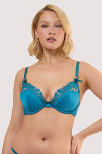 Model wears a mariposa teal butterfly embroidery bra with Sheer mesh with teal butterfly embroidery, Underwired cups with scalloped edging.