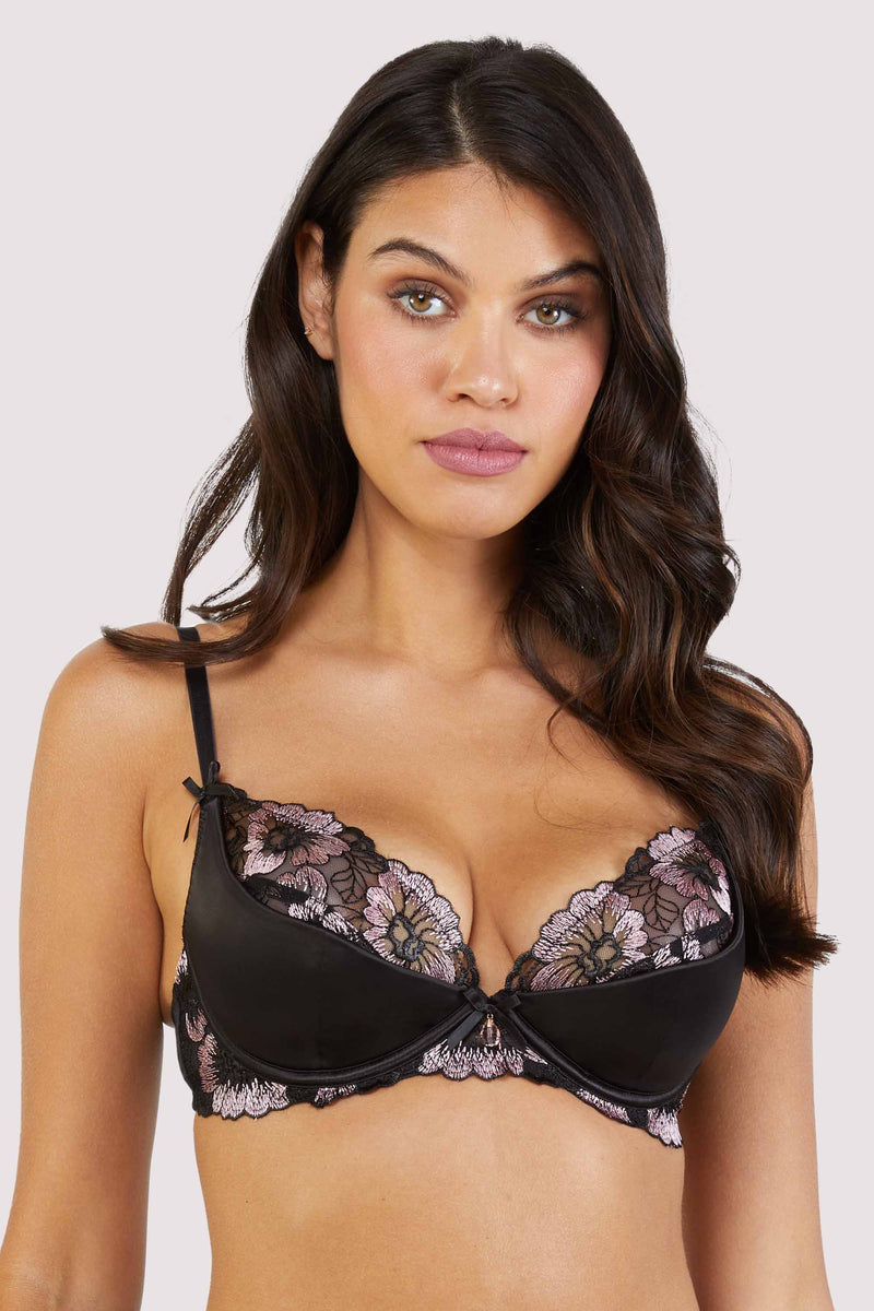 Alicia Black and Pink Embroidered Plunge Bra – Playful Promises Australia