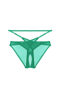 Model wears a  eddie green crossover wrap crotchless brazilian brief.