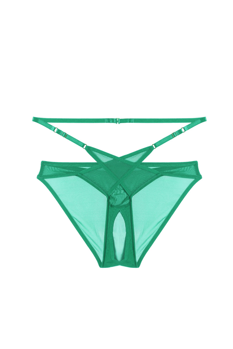 Model wears a  eddie green crossover wrap crotchless brazilian brief.