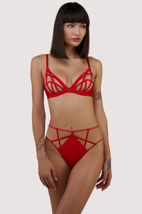 Ramona red Strap Detail Illusion Mesh High Waisted Brief