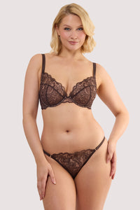 Model wears a sierra brown embroidery brief with brown floral embroidered front panel, with a matching plunge bra.