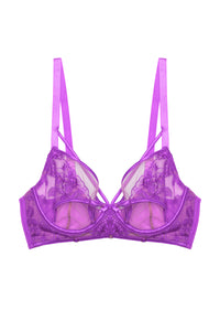 Purple lace longline DD+ plunge bra with harness straps