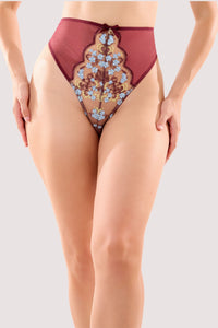 Model wears a thea wine baroque embroidery high waist thong with a high rise, thong style and cotton gusset.