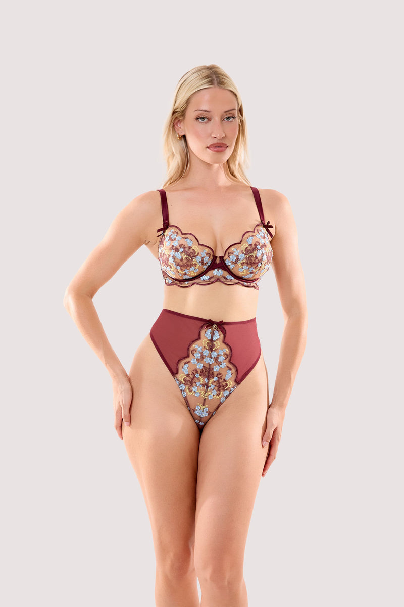 Model wears a thea wine baroque embroidery high waist thong with a matching bra.