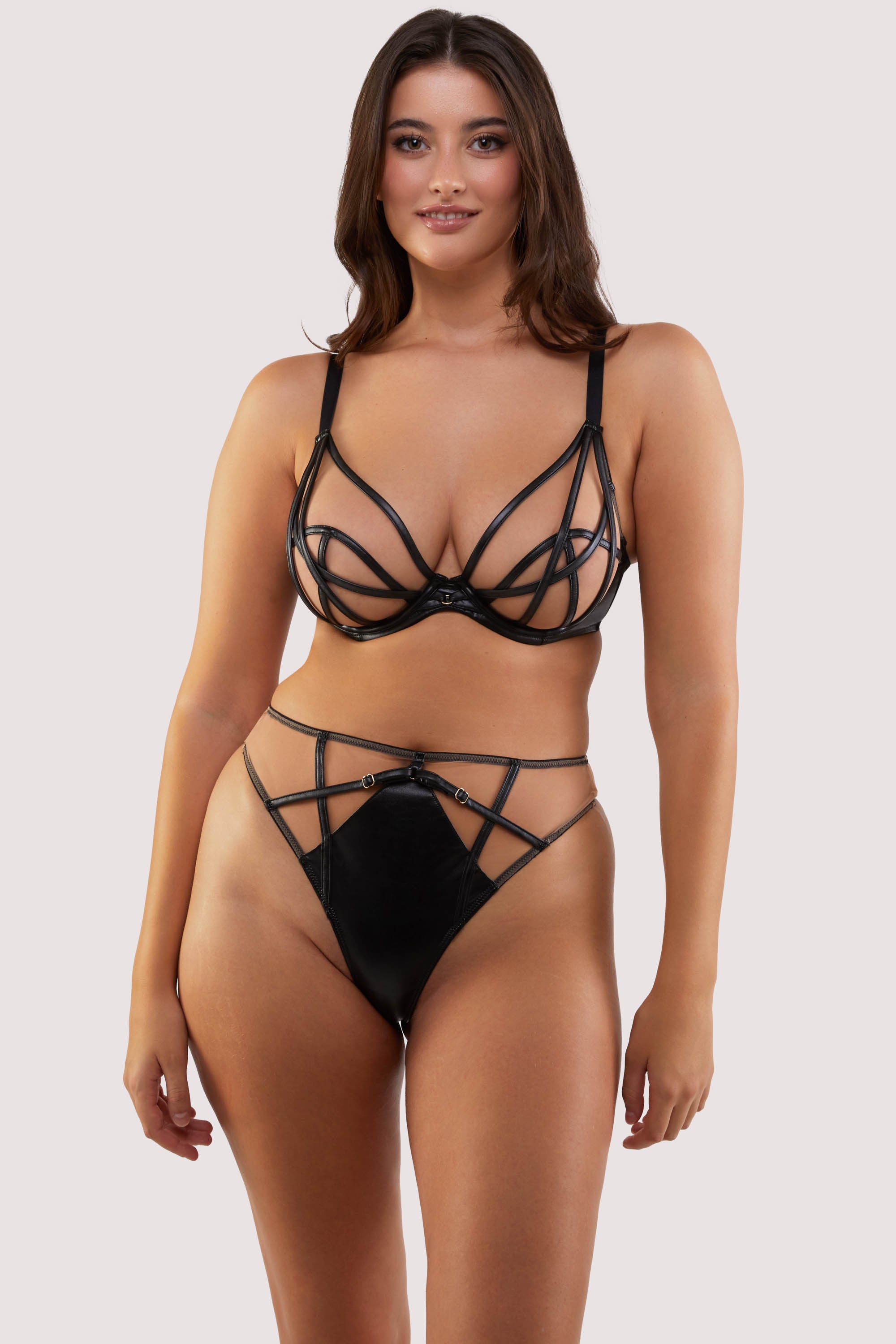 Ramona Black Leatherette Strap Detail Illusion Mesh High Waisted Thong