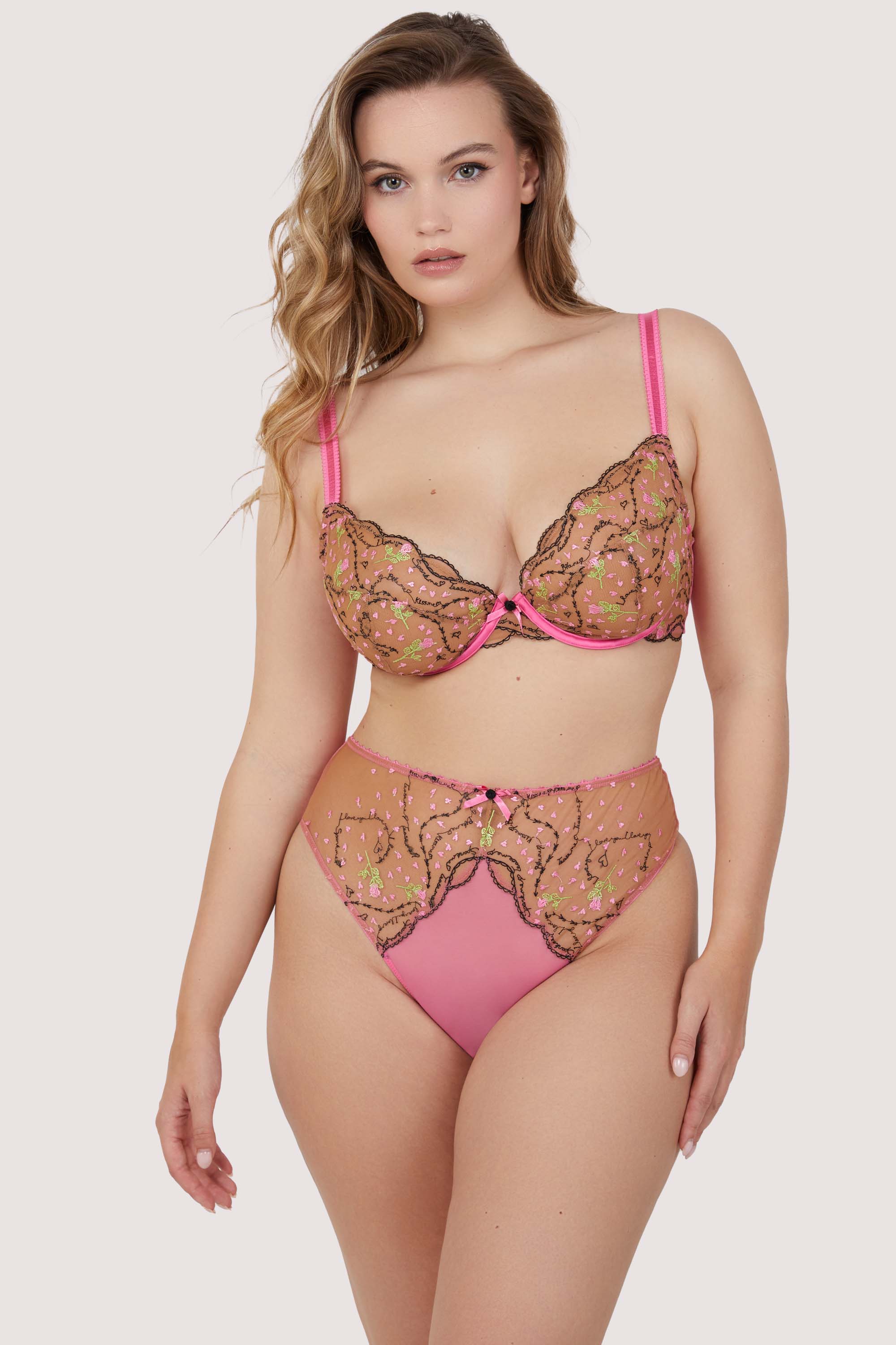 Model wears sexy pink and nude embroidered mesh lingerie set