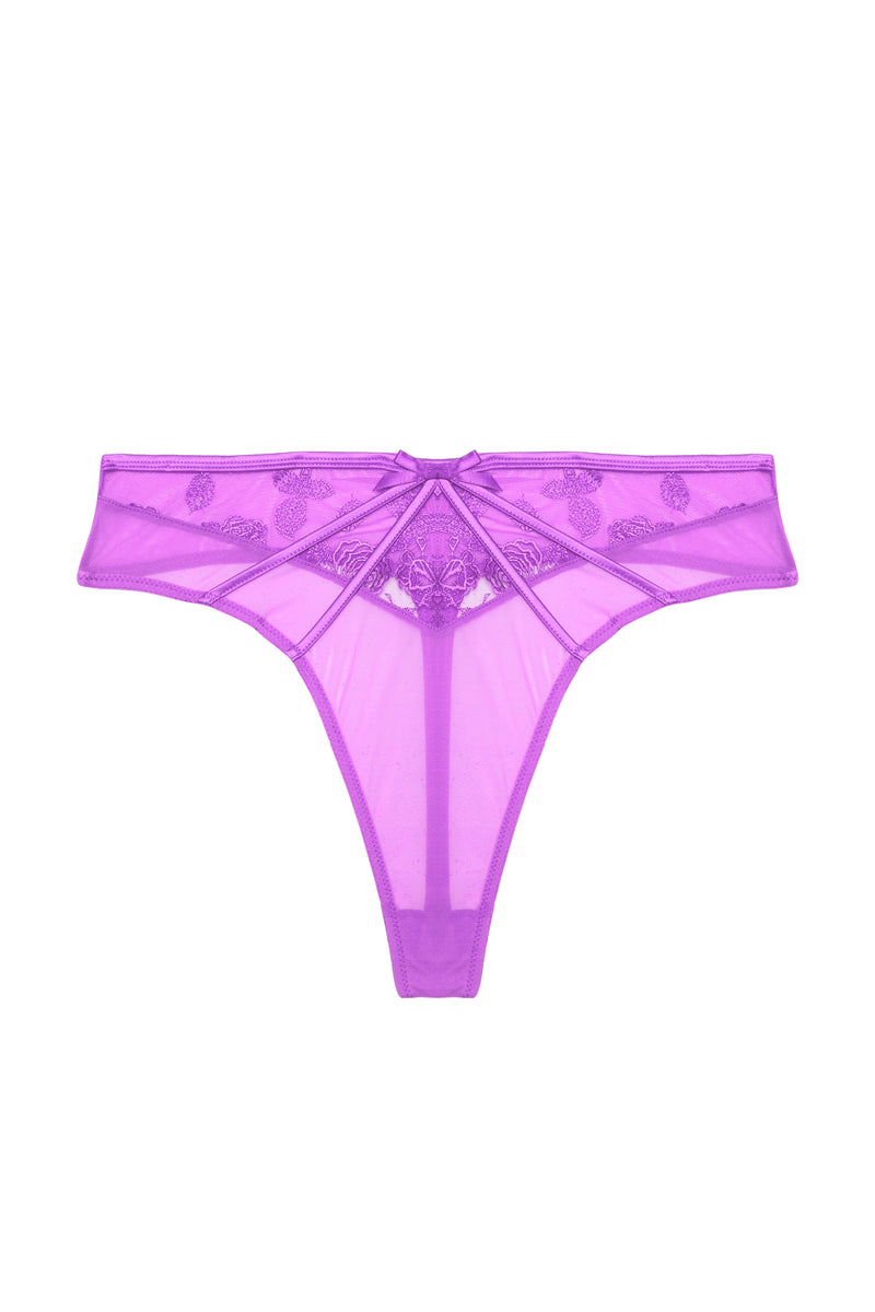 Purple lace high waist thong with straps