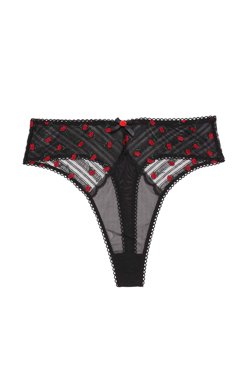 Elodie Black and Red Rosebud Embroidery High Waist Thong