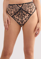 Fuller Bust|Model wears a cindy black floral embroidery high waist thong featuring black mesh with floral embroidery and scalloped lace edging.
