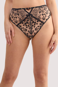 Model wears a cindy black floral embroidery high waist thong featuring black mesh with floral embroidery and scalloped lace edging.