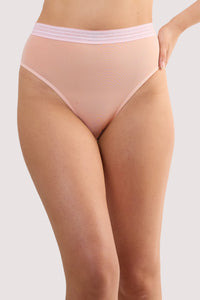 Model wears a icon blush pink high waist brief with light pink supportive mesh.